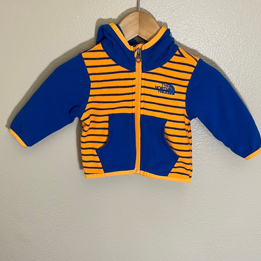 The North Face Blue Orange Striped Fleece Zip Up Hoodie Sweatshirt